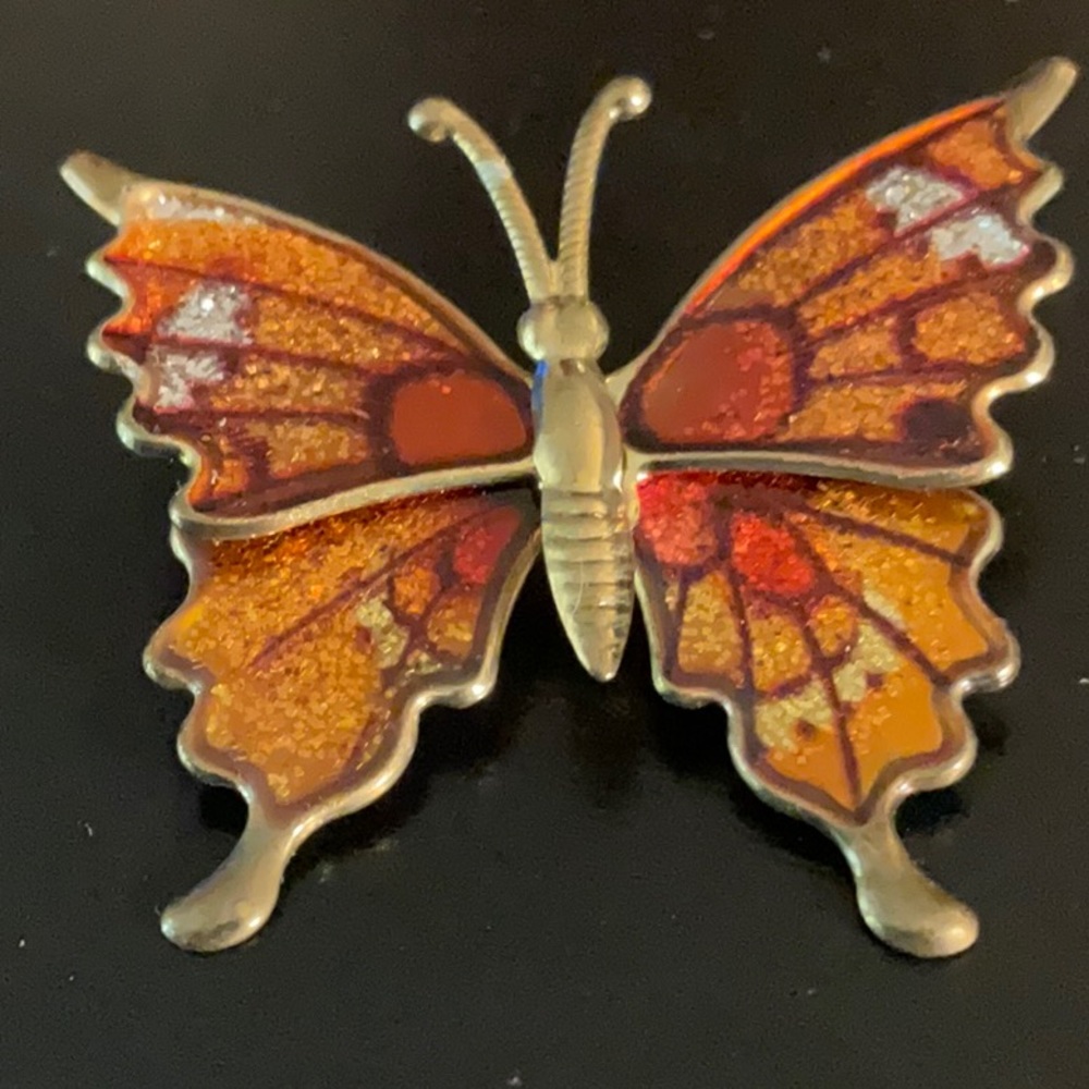 Vintage Enamel Butterfly Brooch Orange and Gold Metal Pin
